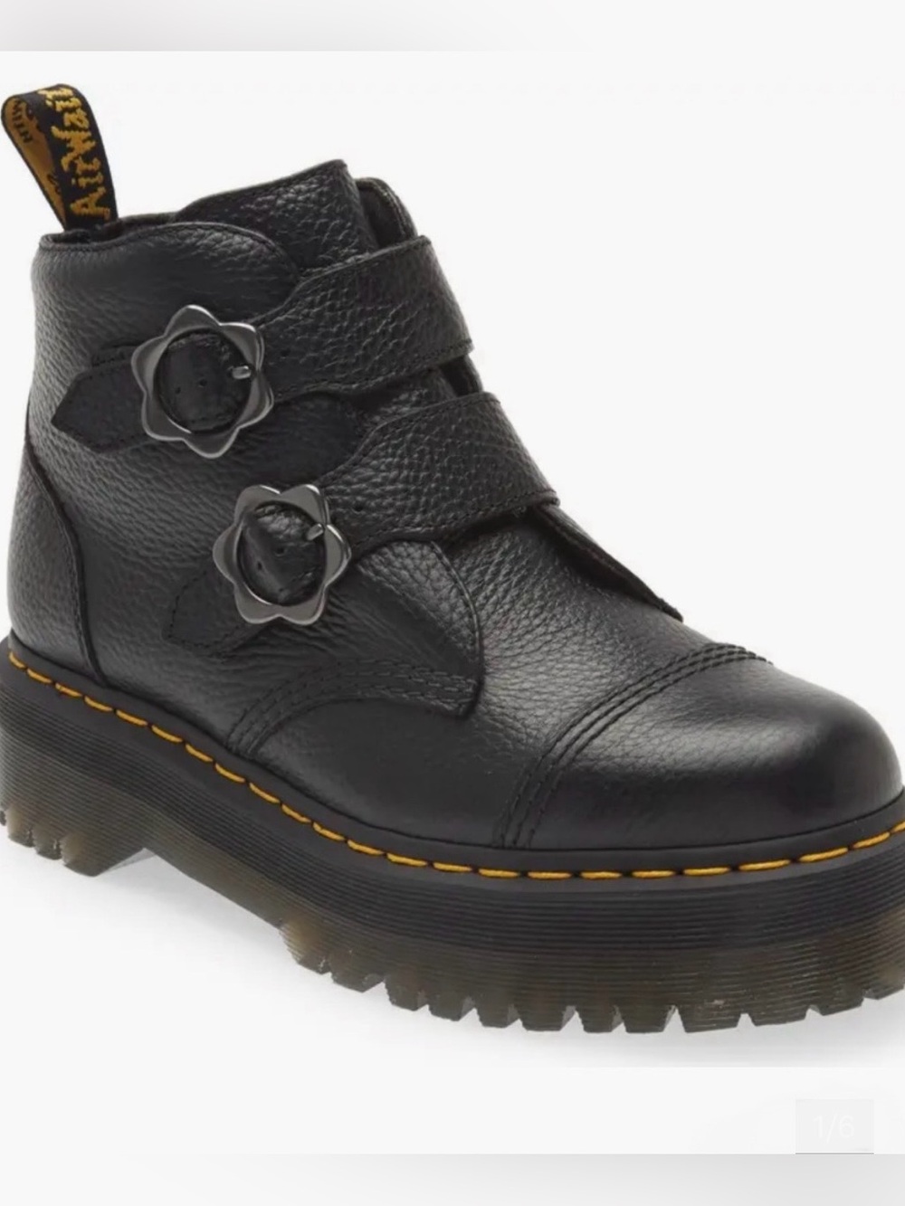 Dr. Martens Black Leather Flower Buckle Platform Ankle Bootie (Devon Flower)